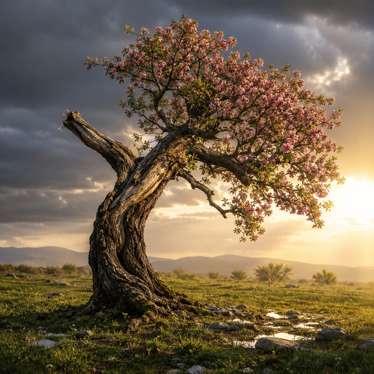 An old flowering tree blooming after a storm