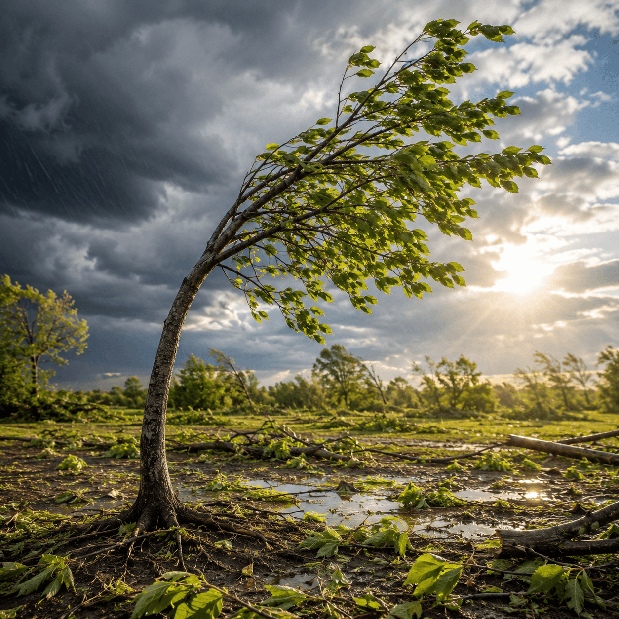 A resilient tree bending in a storm with light breaking through
